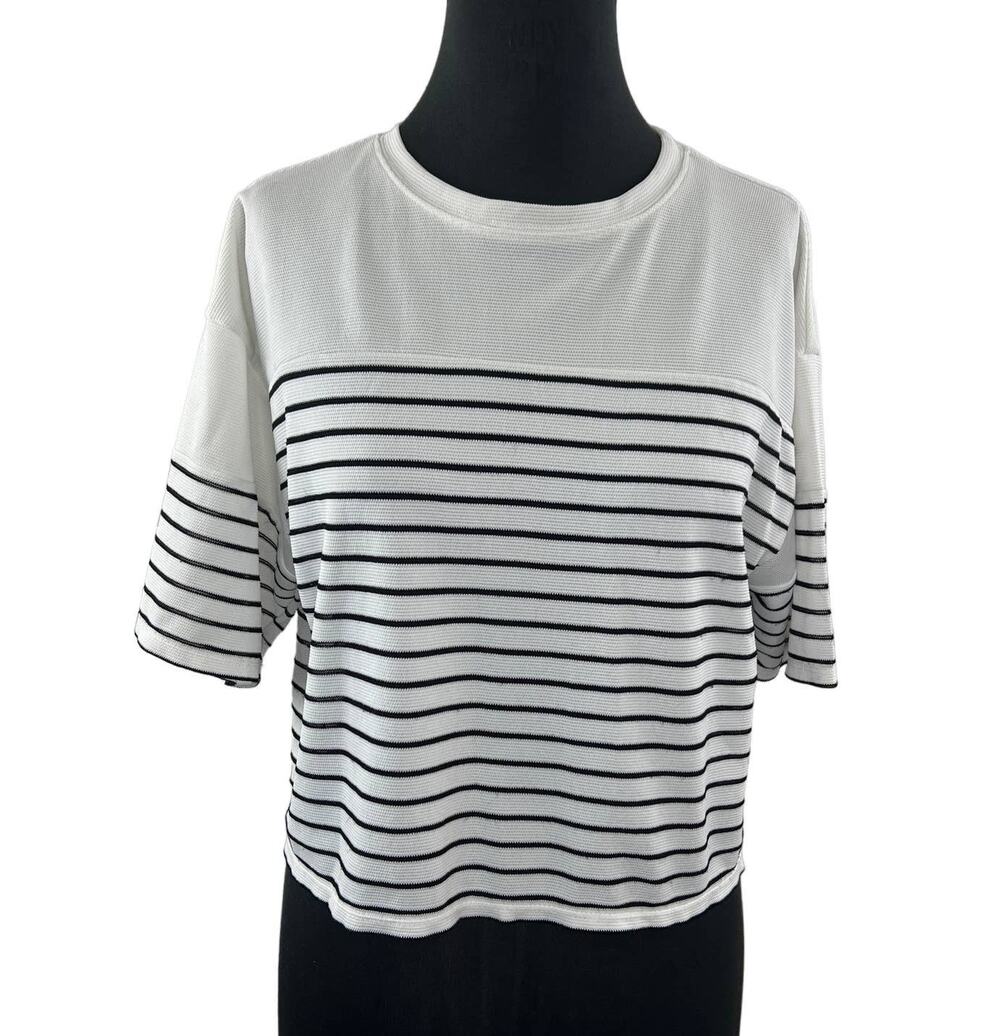 JeanAsis White & Black Stripe Knit Boxy Short Slv Crop Crew Top T-Shirt M JAPAN